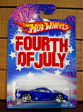 Hot Wheels blue Fourth of July diecast car in blister pack, star-themed graphics
