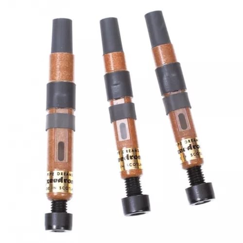 Bagpipe drone reeds set with dark stems and brown wood, orange bands