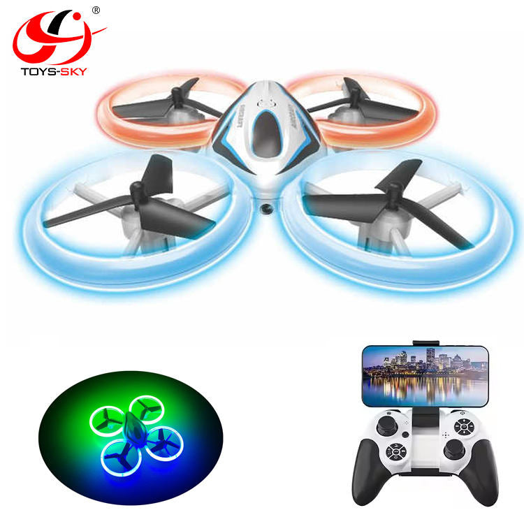 Kids RC quadcopter drone with orange and blue LED rings and controller with phone display