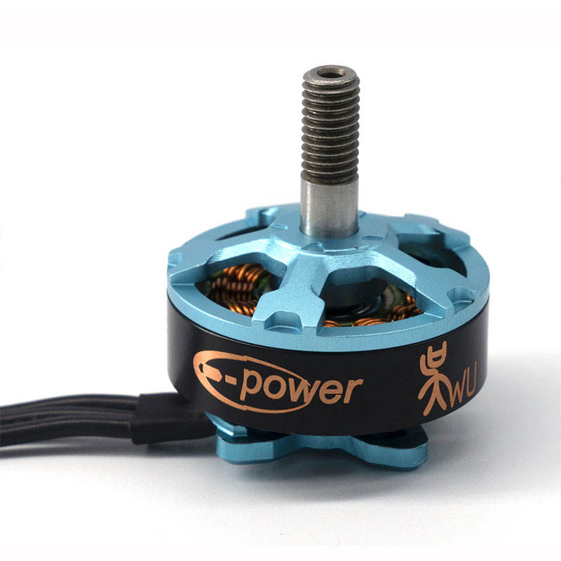 Brushless drone motor with blue housing, exposed copper windings, and E-power logo