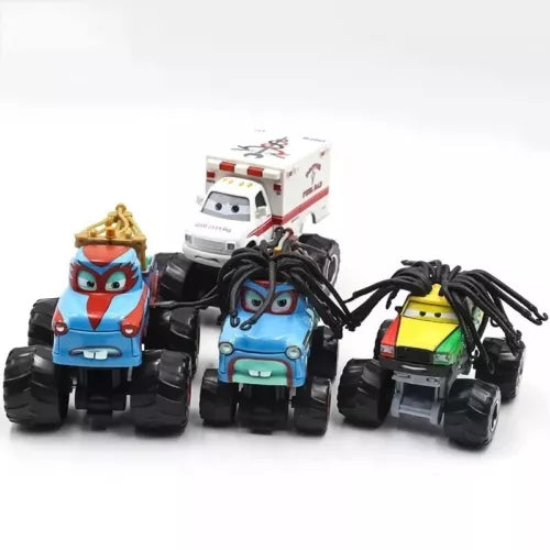 Disney Pixar Cars monster tow Mater diecast toy with three monster-face vehicles