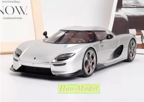 1:18 scale resin diecast sports car model, silver with black hood vents and front lights