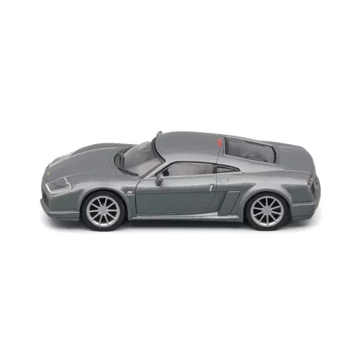 Gray diecast car model 1:43, low profile with black wheels and front grille
