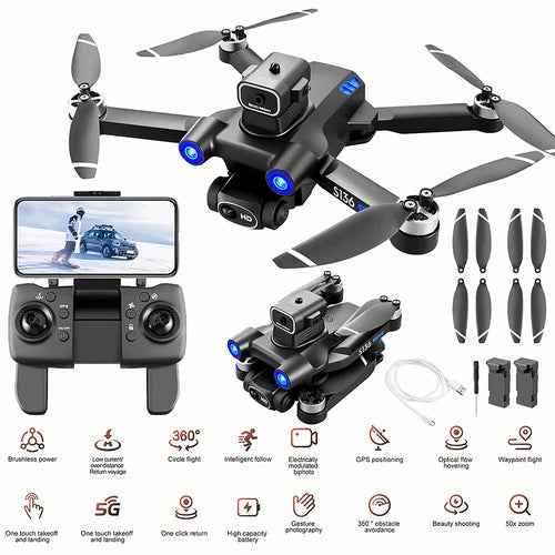 Foldable quadcopter drone with dual camera, four propellers, and handheld controller