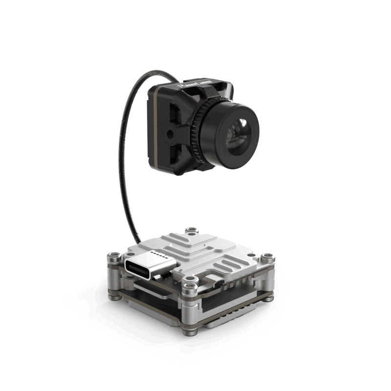 FPV camera module with lens and mounting plate, with attached cable