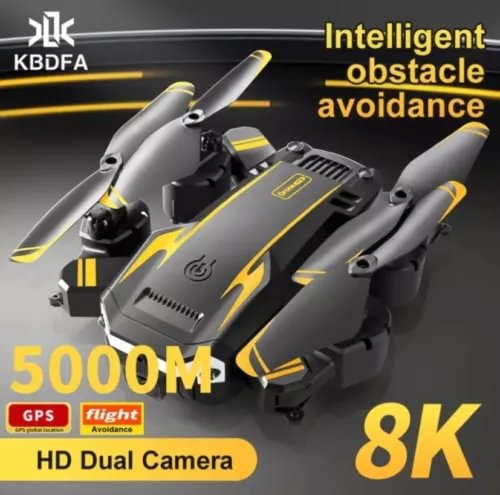 8K professional drone with dual cameras, dark gray body and yellow propeller guards