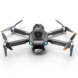 Foldable quadcopter drone with dual cameras and four orange propellers