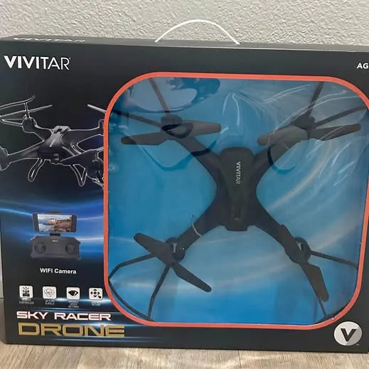 VIVITAR Sky Racer drone retail box with clear window and orange trim