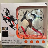Mach X video drone in retail box, black and red quadcopter with four propellers.