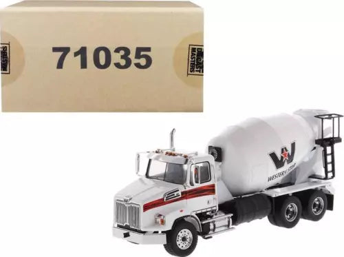 White diecast concrete mixer truck model with rotating drum and cab
