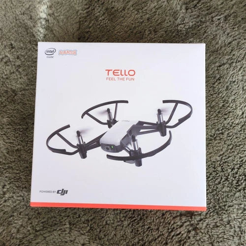 DJI Tello mini drone retail box with illustrated foldable quadcopter