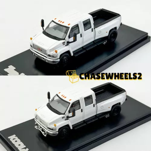 1:64 diecast pickup truck model, white cab with black grille and wheels, front 3/4 view