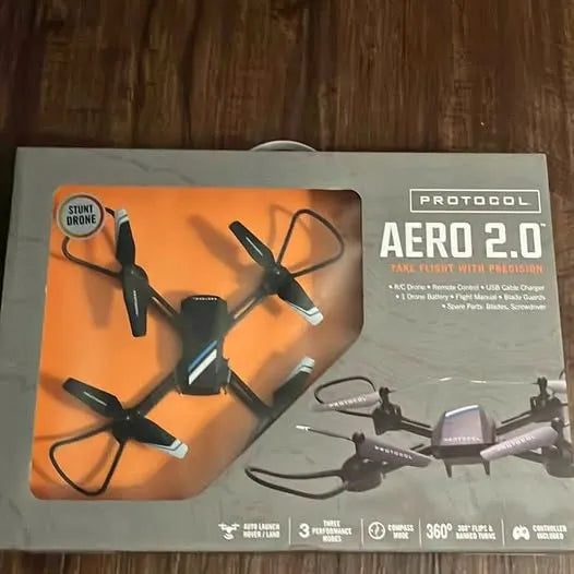 Stunt drone retail package showing drone illustration and product labels