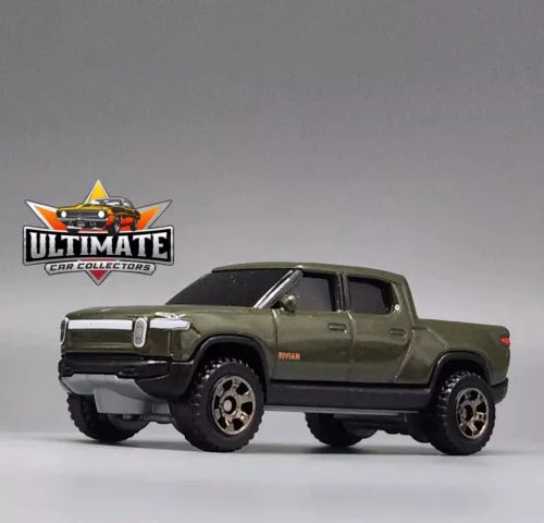 Diecast pickup truck model, dark green with black wheels and grille details