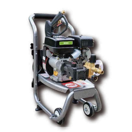 Gas high pressure washer with engine, pump, and wheeled frame