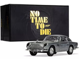 Aston Martin DB5 damaged silver diecast toy car, front 3/4 view