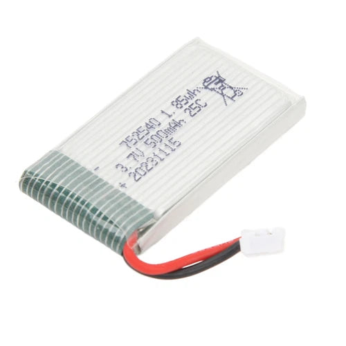 RC LiPo drone battery with white connector and red/black wires on a rectangular pack