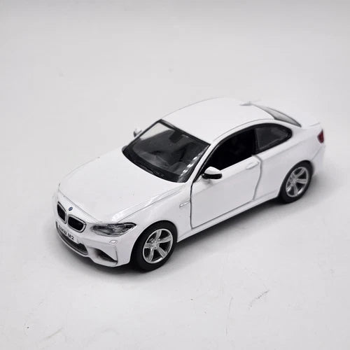 White 1:36 diecast pull-and-go toy car with detailed BMW M2 styling