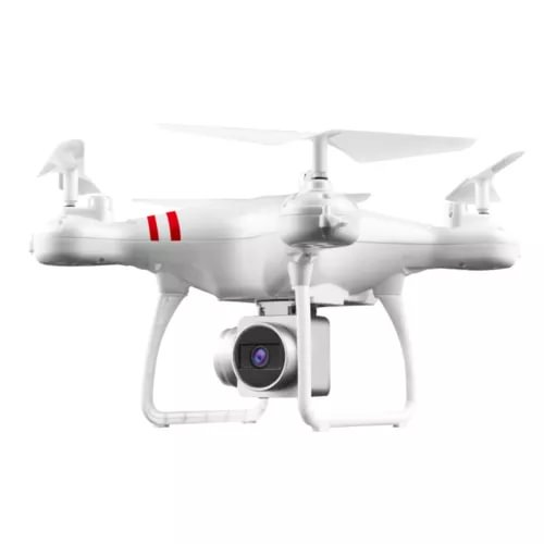 White mini quadcopter drone with FPV camera and four propellers, red side stripe