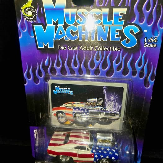 1:64 diecast muscle car in retail blister pack with flame graphics and striped livery