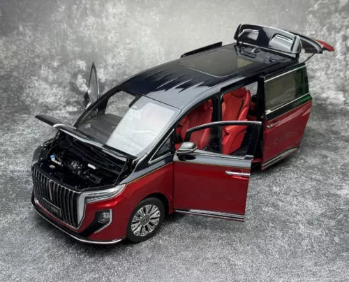 1/18 scale HongQi HQ9 diecast model car, red and black, open door, red interior