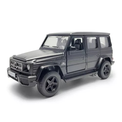 Black diecast model SUV toy car with pull-back action, front three-quarter view