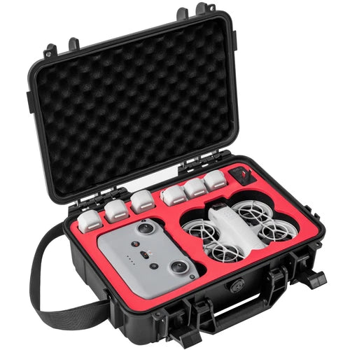 Waterproof hard drone case with foam insert, open and holding a drone and remote