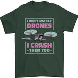 Dark green men’s cotton T-shirt with purple drone graphic and slogan “I crash them too.”