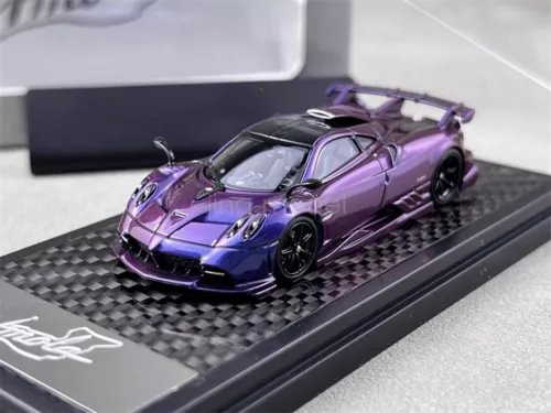 Chameleon purple-blue sports car diecast model with open hood on display base