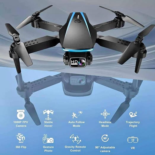 Black and gray quadcopter drone with front HD camera and four foldable propellers
