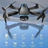 Black and gray quadcopter drone with front HD camera and four foldable propellers