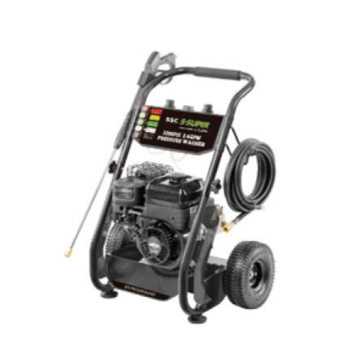 Gas high-pressure washer with engine, wheels, and hose