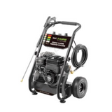 Gas high-pressure washer with engine, wheels, and hose