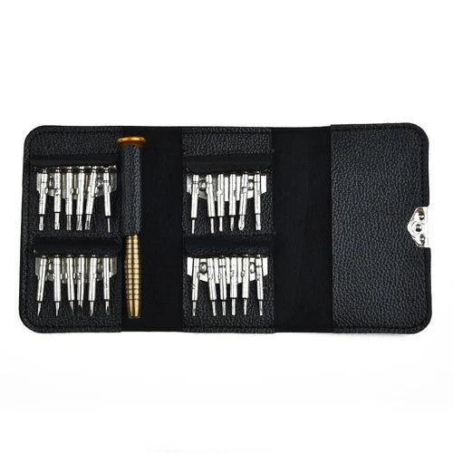 26-in-1 precision screwdriver set with assorted bits in black storage pouch