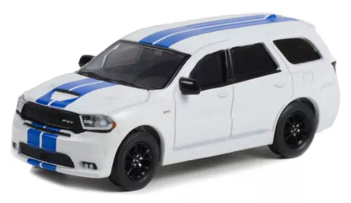 White die-cast toy car with blue racing stripes, black wheels and tinted windows