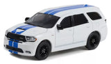 White die-cast toy car with blue racing stripes, black wheels and tinted windows