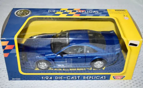 Die-cast Mustang model car in display box, metallic blue, hood open