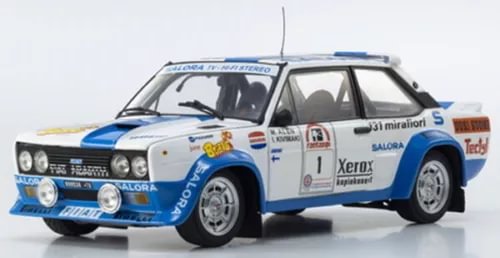 Die-cast rally car model, blue and white Fiat 131 Abarth #5, front 3/4 view