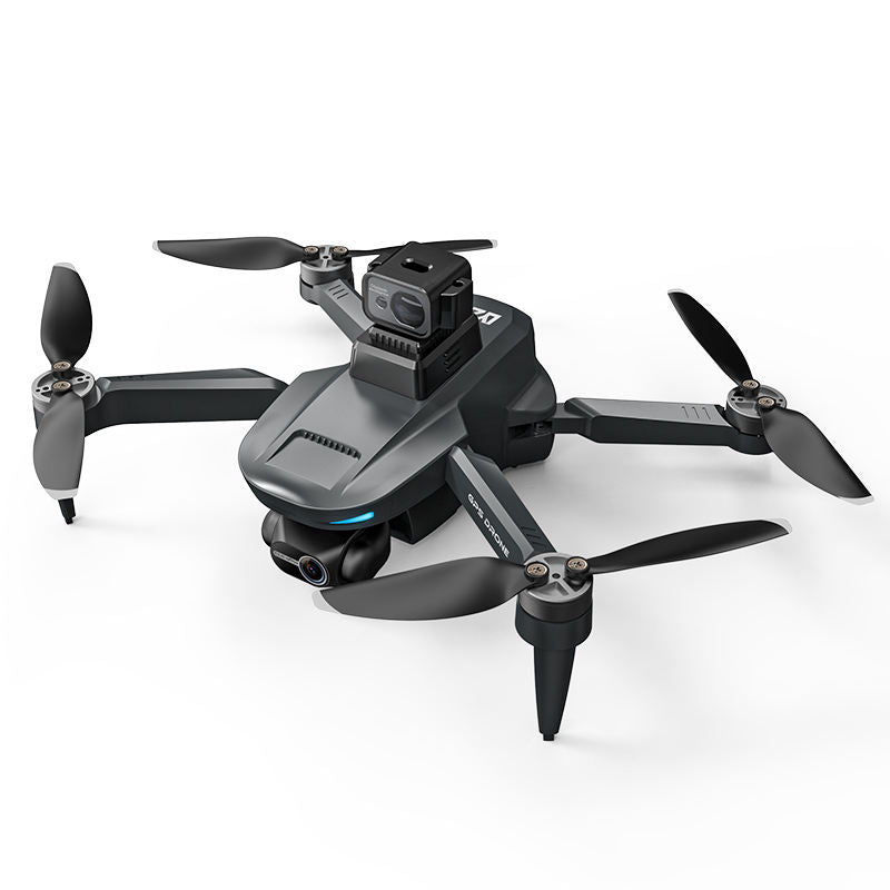 Dark gray quadcopter drone with front gimbal camera and four propellers