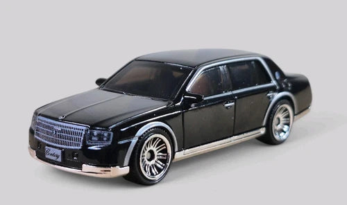 Toyota Century die-cast model car, 1:64 scale, black with chrome wheels, front 3/4 view