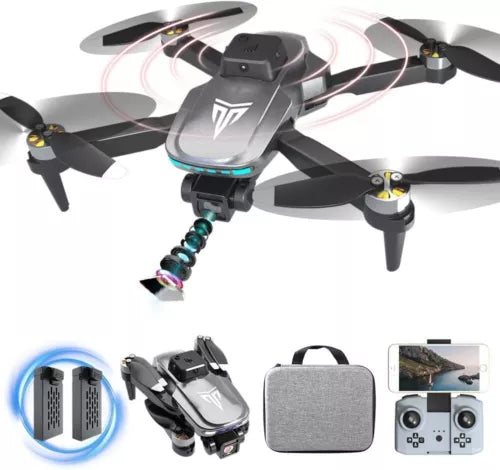 Black quadcopter drone with camera and four propellers, gray controller and case