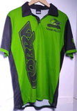 Men's polo shirt, neon green body with navy sleeves and black collar, Team Pilot print