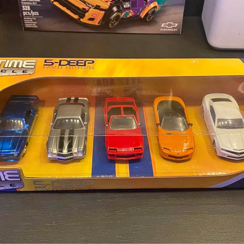 Diecast car set in blister pack with five sports cars: blue, gray, red, orange, white
