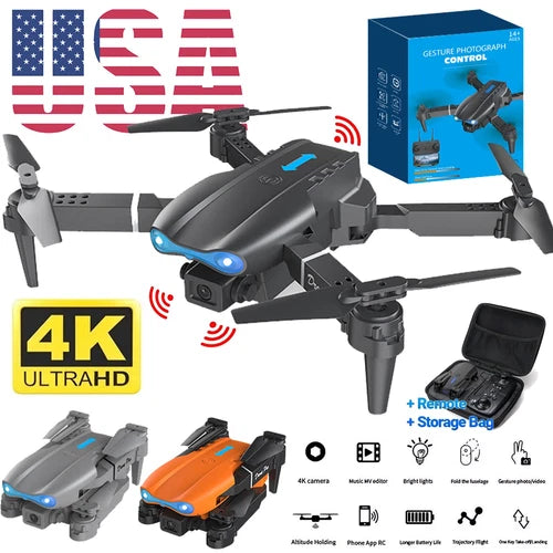 Foldable quadcopter drone with front camera, dark gray body, blue LED lights