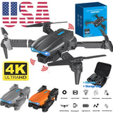 Foldable quadcopter drone with front camera, dark gray body, blue LED lights