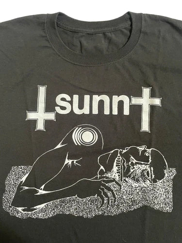 Dark gray metal band T-shirt with Sunn+ cross logo and drone graphic
