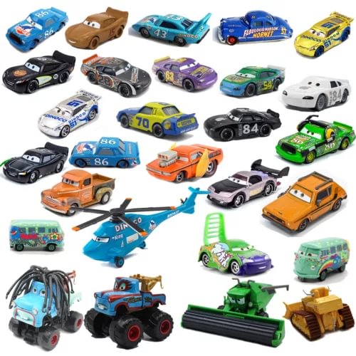 Toy diecast model car lot with mixed race cars and trucks in assorted colors