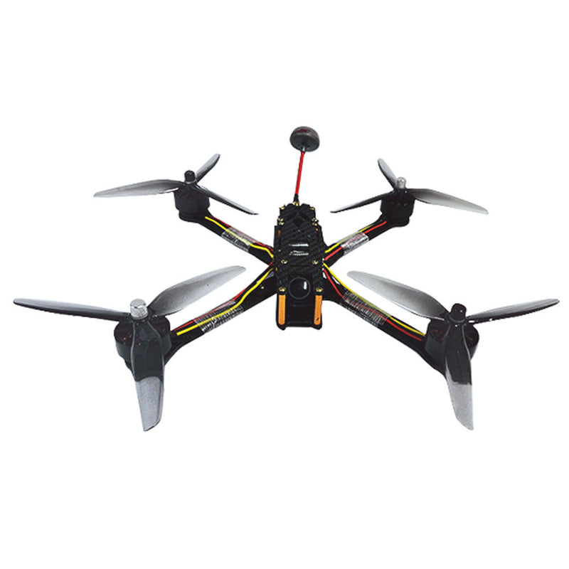Quadcopter racing drone with four propellers and front camera module