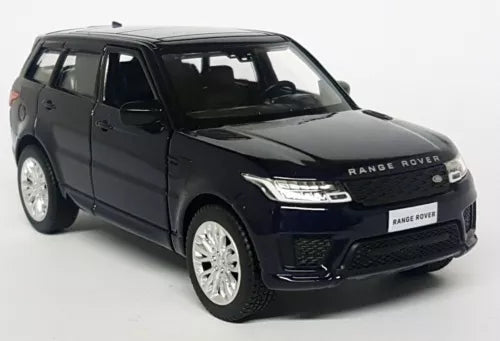 Dark blue Range Rover Sport diecast toy SUV with pull-back action, front 3/4 view
