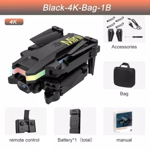 Foldable black 4K drone with front camera, showing carrying bag, remote control, battery and manual.